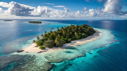 Fototapeta premium Paradise Island in Crystal Waters: A Tropical Oasis of Golden Sands, Lush Palms, and Turquoise Waves Captured in Stunning 16K Cinematic Perfection