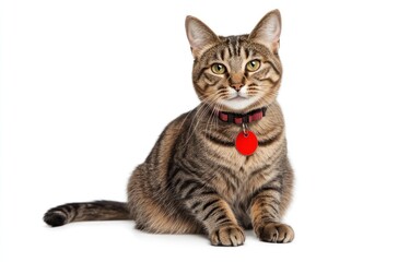 Tabby Cat Sitting Wearing Red Collar Tag