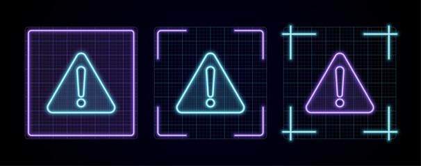 Warning sign icon vector, cyber neon visual, glowing border grid vector.	