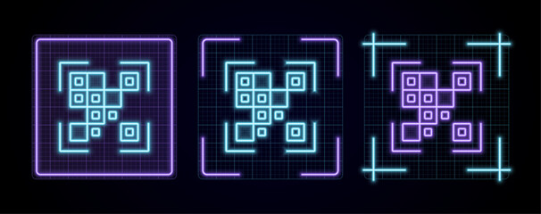 QR Code icon vector, cyber neon visual, glowing border grid vector.  © mariposo