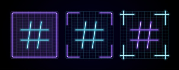 Hashtag icon vector, cyber neon visual, glowing border grid vector.	
