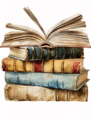 a stack of books with an open book on top