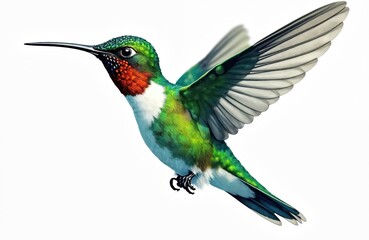 Obraz premium Illustration of green hummingbird in flight. Wildlife animal with wings, isolated on white. Nature illustration, avian fauna in vibrant colors. Design element for prints and decoration.