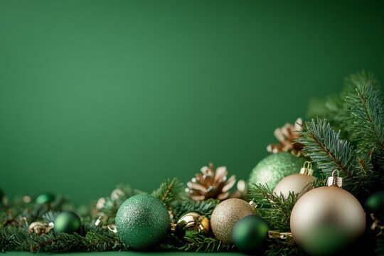 Christmas wreath with ornaments on teal background. AI image