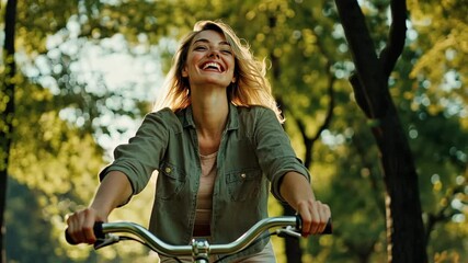 A woman riding her bicycle in the park, smiling and enjoying nature. The trees create dappled sunlight that illuminates the green leaves while she wears casual and smiles at the camera. - Powered by Adobe