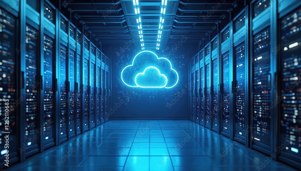 Aufkleber illustration of modern server room interior with futuristic neon light. cloud data storage or data c