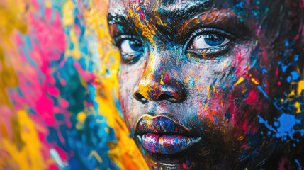 Fototapeta premium vibrant and expressive portrait of person with dynamic paint splatters in vivid colors, showcasing artistic creativity and emotion. close up view highlights intricate details and textures