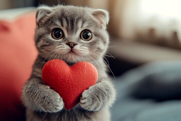 Promotion animal visual idea artwork. Cute scottish fold feline infant with diamond red heart at cozy apartment. Scottish fold - my desired cat, symbol of care. Kitten kisses. Kitten in love.