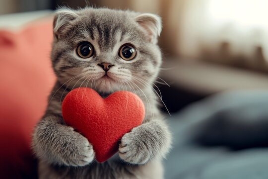 Promotion animal visual idea artwork. Cute scottish fold feline infant with diamond red heart at cozy apartment. Scottish fold - my desired cat, symbol of care. Kitten kisses. Kitten in love.