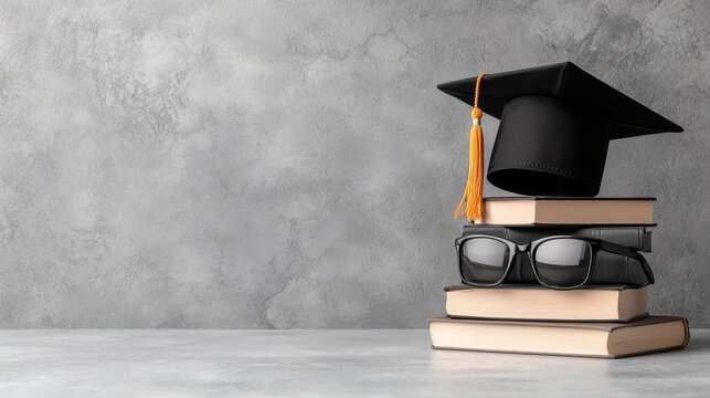 Graduation cap, books, glasses on grey background. Possible use Education stock photo