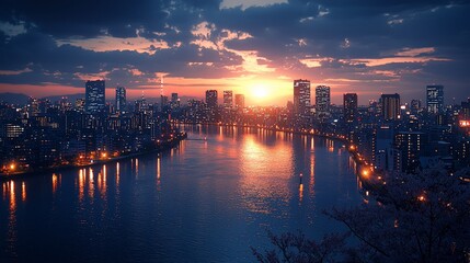 Fototapeta premium City Skyline Sunset over River with Cherry Blossoms. Possible use Stock photo for travel or nature photography