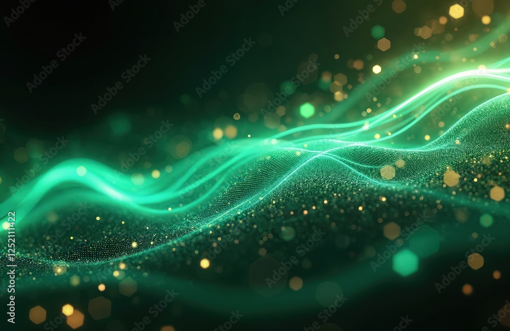 Poster abstract futuristic background with green glowing neon moving lines and bokeh lights. data transfer 