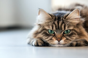 Fototapeta premium Longhaired tabby cat with striking green eyes rests