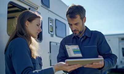 Obraz premium Technicians Reviewing Data on Tablets Outside Camper Van
