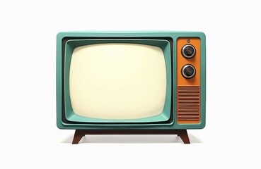 Vintage turquoise TV set with blank screen isolated on white background. Retro style television. Aged media receiver. Obsolete tech device for video, classic entertainment, watching programs, shows.