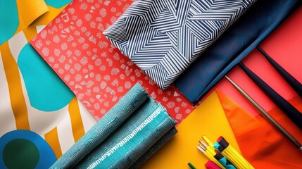 Geometric parasol handles and fabric patterns arranged in an abstract layout