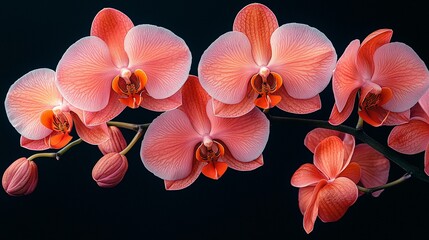Close-up coral orchids in studio setting