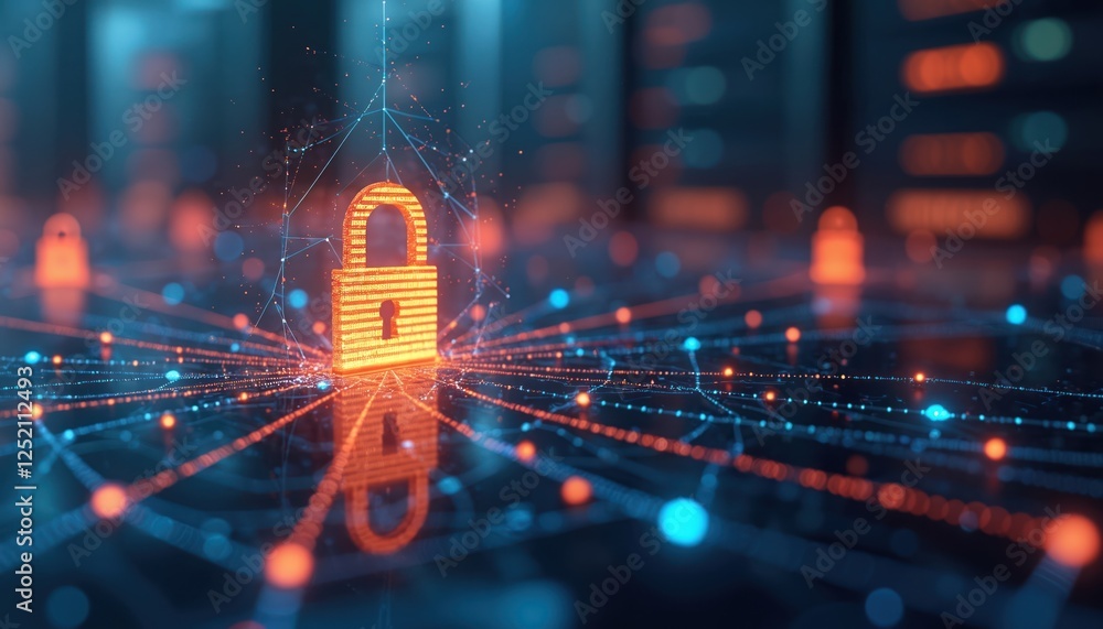 Poster illustration of digital network with orange lock protecting sensitive data from cyberattacks. intern