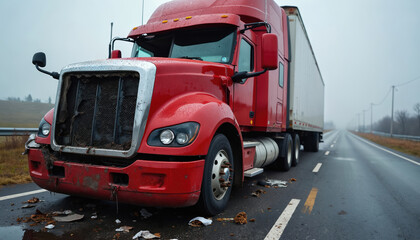 Red semi-truck after collision on highway. Damaged vehicle after traffic car accident on wet road, broken windshield, crushed engine, need insurance claim and tow truck service.