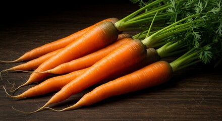 Fresh Carrots with Green Tops on a Dark Wooden Surface