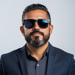 Obraz premium Friendly hispanic man with beard and sunglasses isolated on white background.