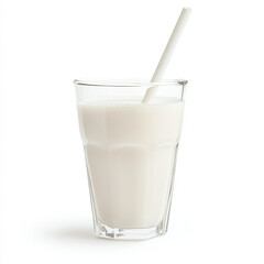 Glass of milk with straw isolated on white background.