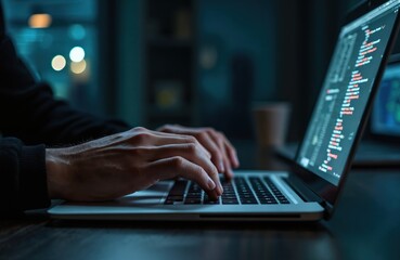 Close-up of man hands typing program code on laptop in dark office. Cyber criminal hacking corporate data. Concept of data theft, banking fraud, password cracking, network security vulnerability.