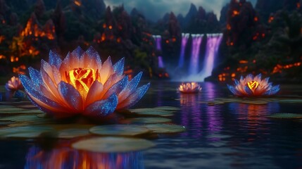 Glowing Lotus Flowers Adorn a Magical Waterfall Pond