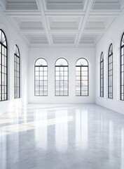 Empty white room, arched windows, city view, event space