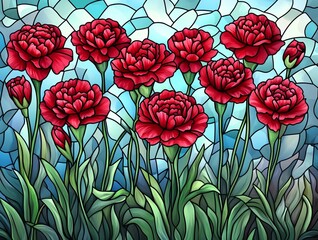 A stunning digital illustration of vibrant red carnations with lush green leaves, set against a cool-toned stained glass-style background in shades of blue and white.