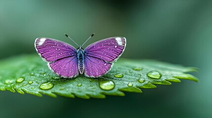 Naklejka premium Purple butterfly on leaf, dew drops, green background; nature beauty
