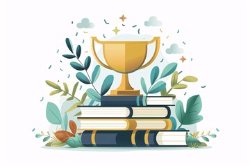 a gold trophy on top of books