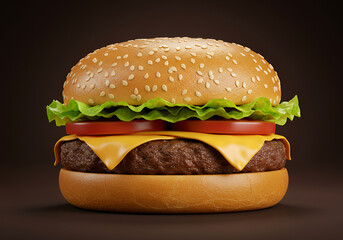 Hambúrguer Clássico com Queijo e Pão de Gergelim sobre Fundo Sólido
