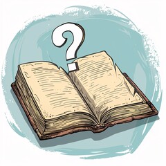 a drawing of an open book with a question mark above it
