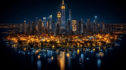 Naklejka premium Nighttime cityscape illuminated island park glowing city