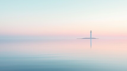 Serene lighthouse reflection at dawn coastal waters landscape photography tranquil environment wide-angle view calm concept