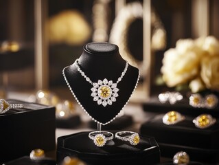 Yellow Diamond Necklace Display, Jewelry Store