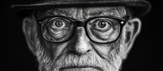 Intense Gaze: Elderly Man with Glasses, Hat, close-up, in monochrome