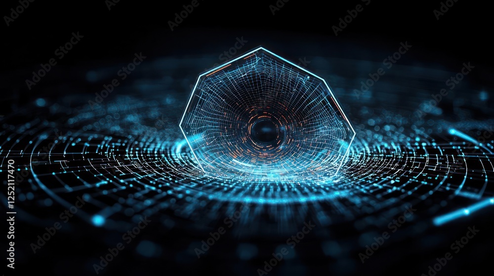 Poster abstract digital hexagon network with glowing particles