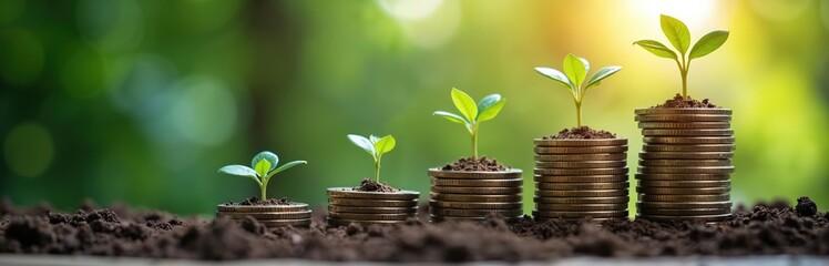 Young sprouts grow on piles of coins. Business concept of financial investment. Economic policies foster favorable business environment. Encouraging investment, sustainable prosperity, drive growth,