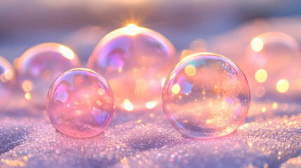 Close-up of glistening pink bubbles resting on a soft surface, reflecting light in a dreamy composition during daylight