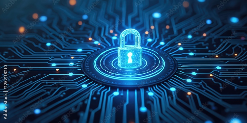 Poster digital illustration of abstract tech circuit patterns. security padlock icon in center surrounded b