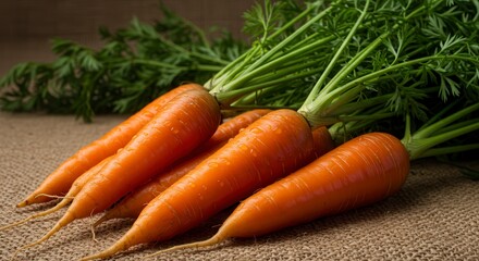 Fresh Carrots with Greenery on Rustic Burlap for Healthy Eating