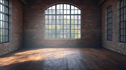 Sunlit Industrial Loft Interior: A Spacious, Empty Room with Large Windows and Brick Walls
