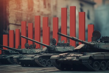 Military spending increasing, tanks and rising chart symbolizing growing defense budget