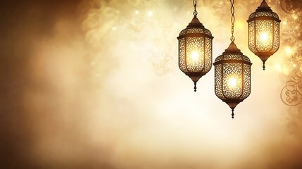 Illuminated Ornate Lanterns Hanging Against Golden Background