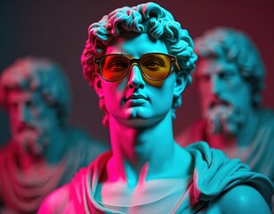 Antique statue of David with sunglasses, vaporwave style, neon lighting. Ancient sculpture in pink, blue colors. Creative concept of antiquity, art, history. Creative art for LGBTQ themes.