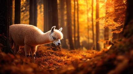 Alpaca in autumn forest, sunlit leaves, peaceful scene, nature calendar