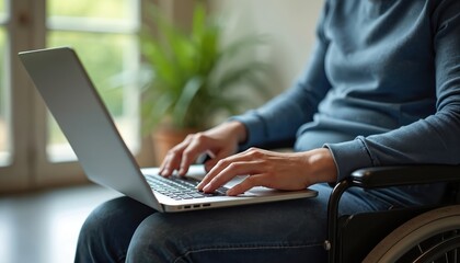Person with disability uses laptop. Man in wheelchair types on computer. Remote work, distance learning, online education, accessibility IT inclusion. Hand, equipment, pro communication concept.