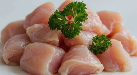 Fresh Chicken Breast Cubes with Parsley Garnishing on White Surface